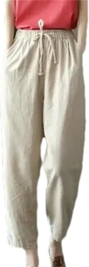 Women's Summer Loose Cotton Linen Pants  Solid Color Casual All-Match Cropped Trousers for Ladies