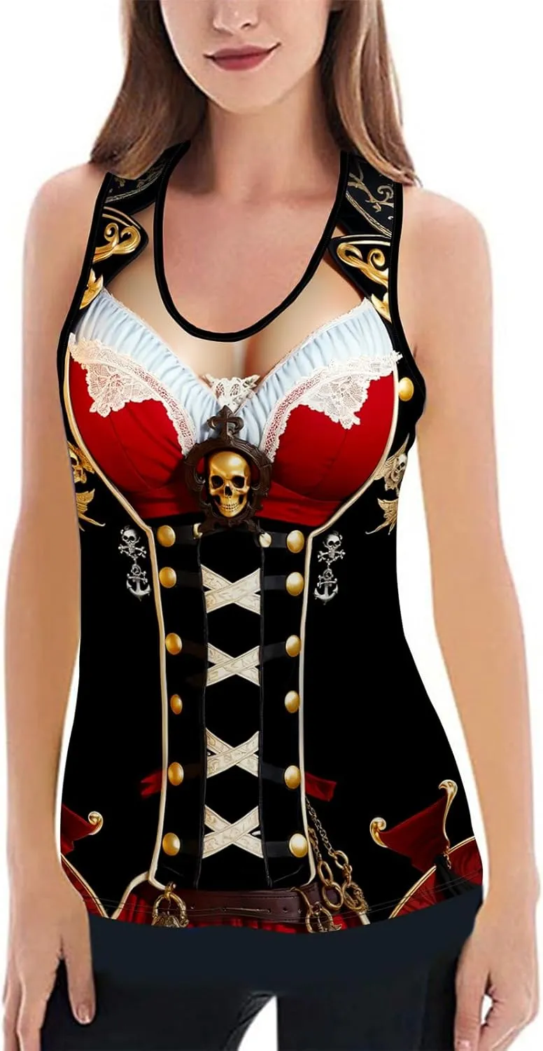 Women's Summer Tank Tops Pirate Knight Skull Sexy and Funny Print Slim Crewneck Sleeveless Top Vest