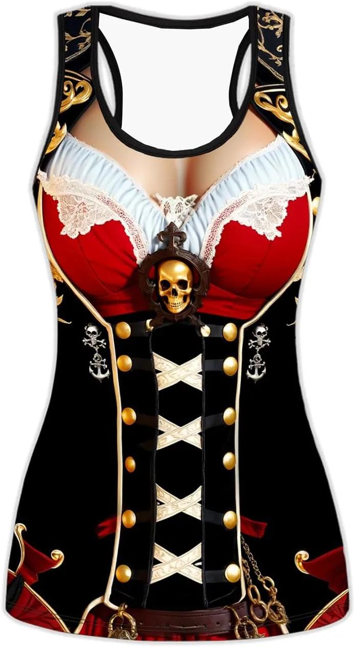 Women's Summer Tank Tops Pirate Knight Skull Sexy and Funny Print Slim Crewneck Sleeveless Top Vest
