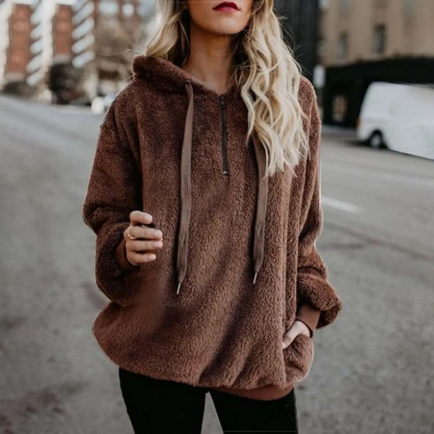 Womens Sweateshirt Oversized Pullover Hoodie Fuzzy Fleece Sweatshirt Fluffy Coat Winter Warm Coat Outwear with Pocket
