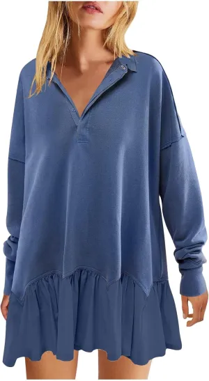 Womens Sweatshirt Dress Oversized Long Sleeve V Neck Button Pullover Tops Flowy Ruffle Patchwork Mini Dress