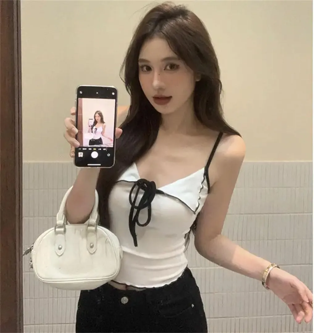 Women's Sweet Spicy Girl French solid Sexy Lace-Up Bow Camisole Backless Sleeveless Short Sling Tops