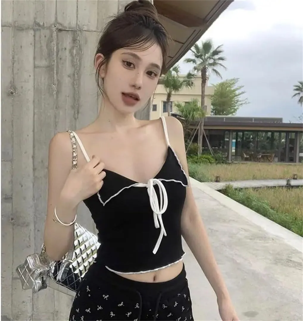 Women's Sweet Spicy Girl French solid Sexy Lace-Up Bow Camisole Backless Sleeveless Short Sling Tops