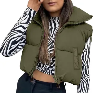 Women's Winter Cropped Vest Jacket Sleeveless Mock Neck Zipper Puffer Waistcoat Tops Cotton Padded Crop Gilet
