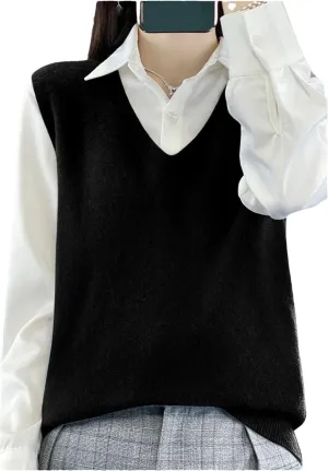 Women's Wool Undershirt V-Neck Solid Color Sleeveless Pullover Knit Sweater Fall Comfortable Soft Loose Tops