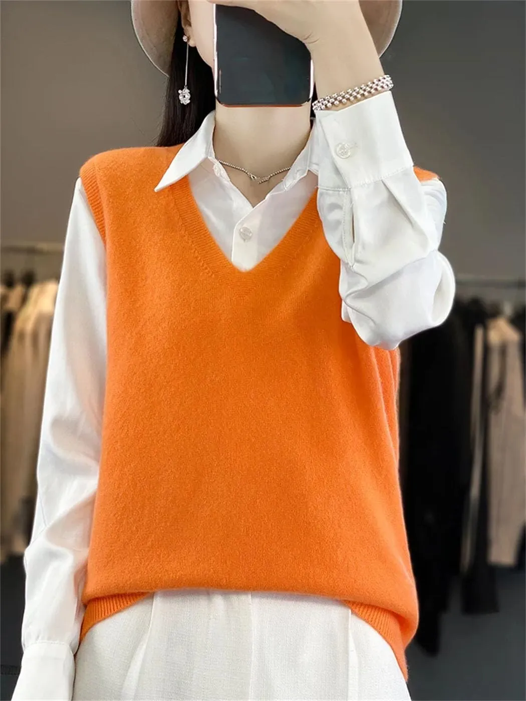Women's Wool Undershirt V-Neck Solid Color Sleeveless Pullover Knit Sweater Fall Comfortable Soft Loose Tops
