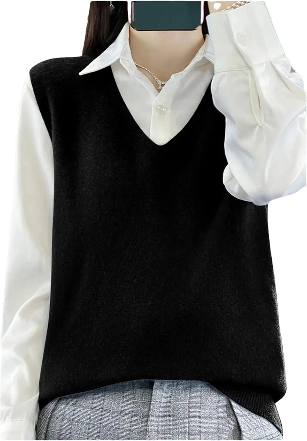Women's Wool Undershirt V-Neck Solid Color Sleeveless Pullover Knit Sweater Fall Comfortable Soft Loose Tops