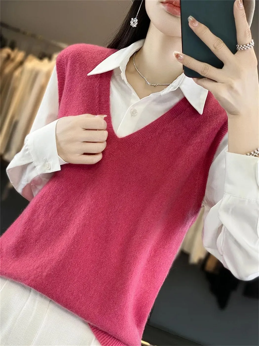 Women's Wool Undershirt V-Neck Solid Color Sleeveless Pullover Knit Sweater Fall Comfortable Soft Loose Tops