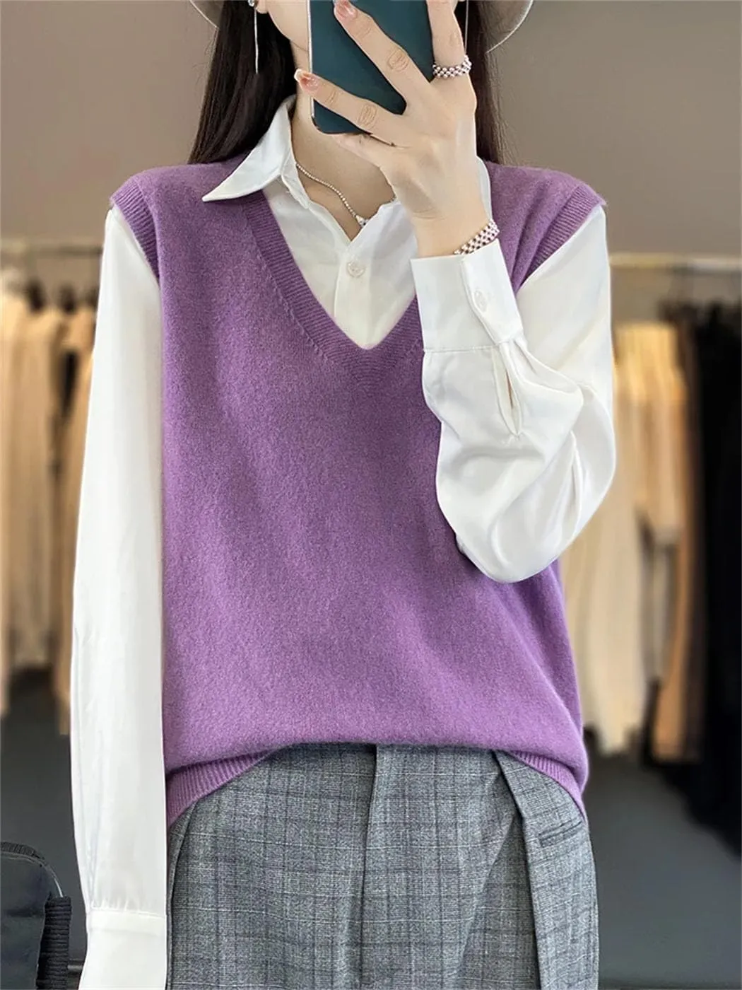 Women's Wool Undershirt V-Neck Solid Color Sleeveless Pullover Knit Sweater Fall Comfortable Soft Loose Tops