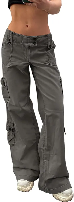 Womens Y2k Baggy Cargo Jeans Low Rise Wide Waist Straight Leg Vintage Grunge Jeans with Flap Pocket