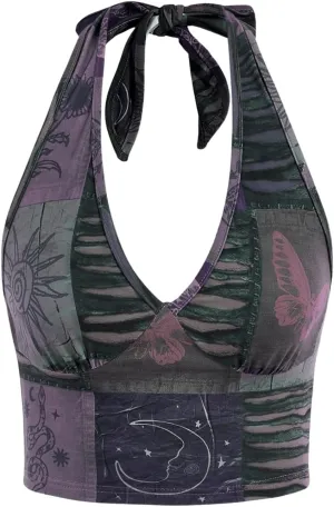 Women's Y2K Graphic Tie Backless Halter Top Slim Fit Sleeveless Camisole Crop Tops Going Out Outfits