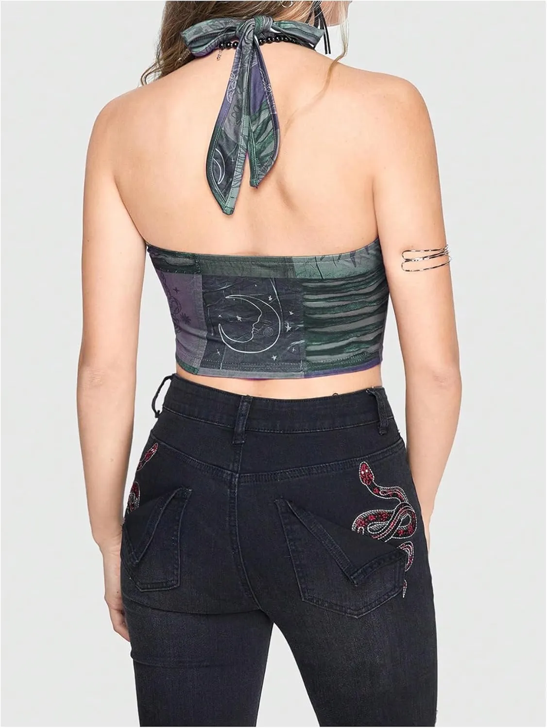 Women's Y2K Graphic Tie Backless Halter Top Slim Fit Sleeveless Camisole Crop Tops Going Out Outfits