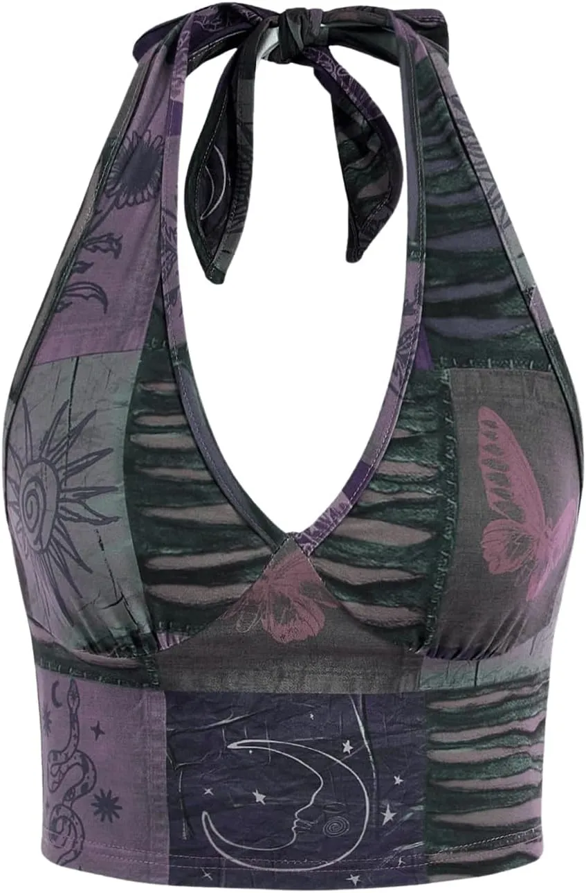 Women's Y2K Graphic Tie Backless Halter Top Slim Fit Sleeveless Camisole Crop Tops Going Out Outfits