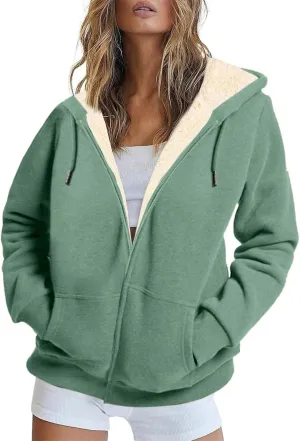 Womens Zip Up Hoodies Oversized Sweatshirts Warm Fleece Sherpa Lined Fashion Outfits Sweaters Casual Jackets