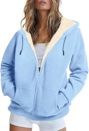 Womens Zip Up Hoodies Oversized Sweatshirts Warm Fleece Sherpa Lined Fashion Outfits Sweaters Casual Jackets