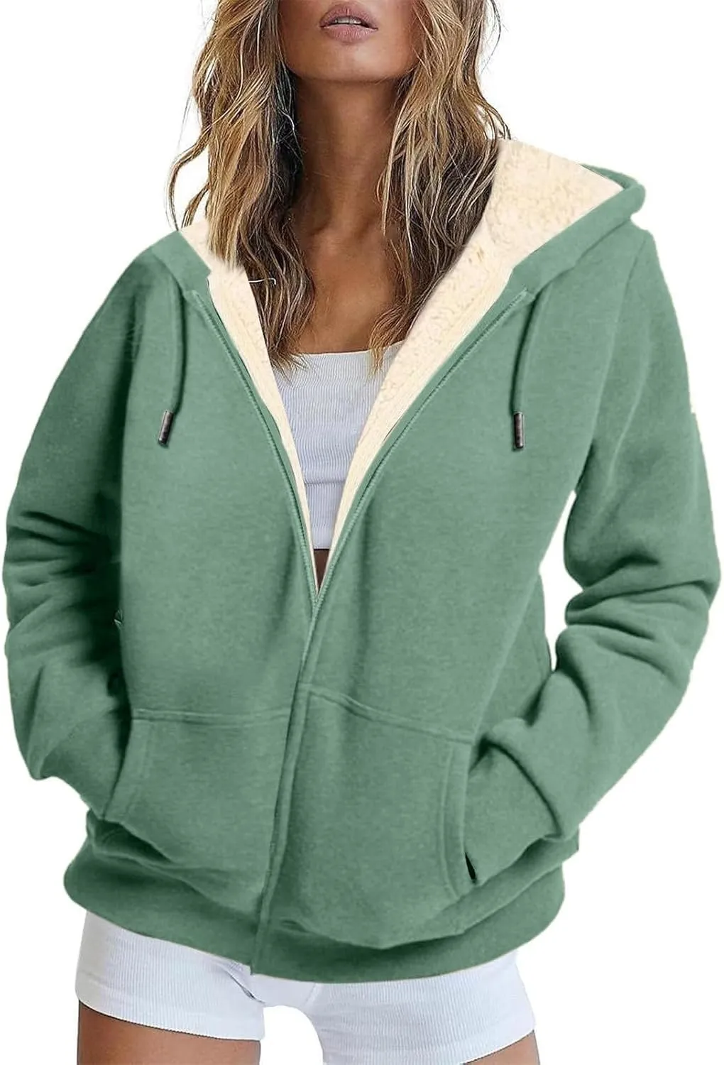 Womens Zip Up Hoodies Oversized Sweatshirts Warm Fleece Sherpa Lined Fashion Outfits Sweaters Casual Jackets
