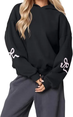 XBTCLXEBCO Bow Print Hoodies for Women Oversized Long Sleeve Drop Shoulder Hooded Sweatshirt Y2K Aesthetic Pullover Tops