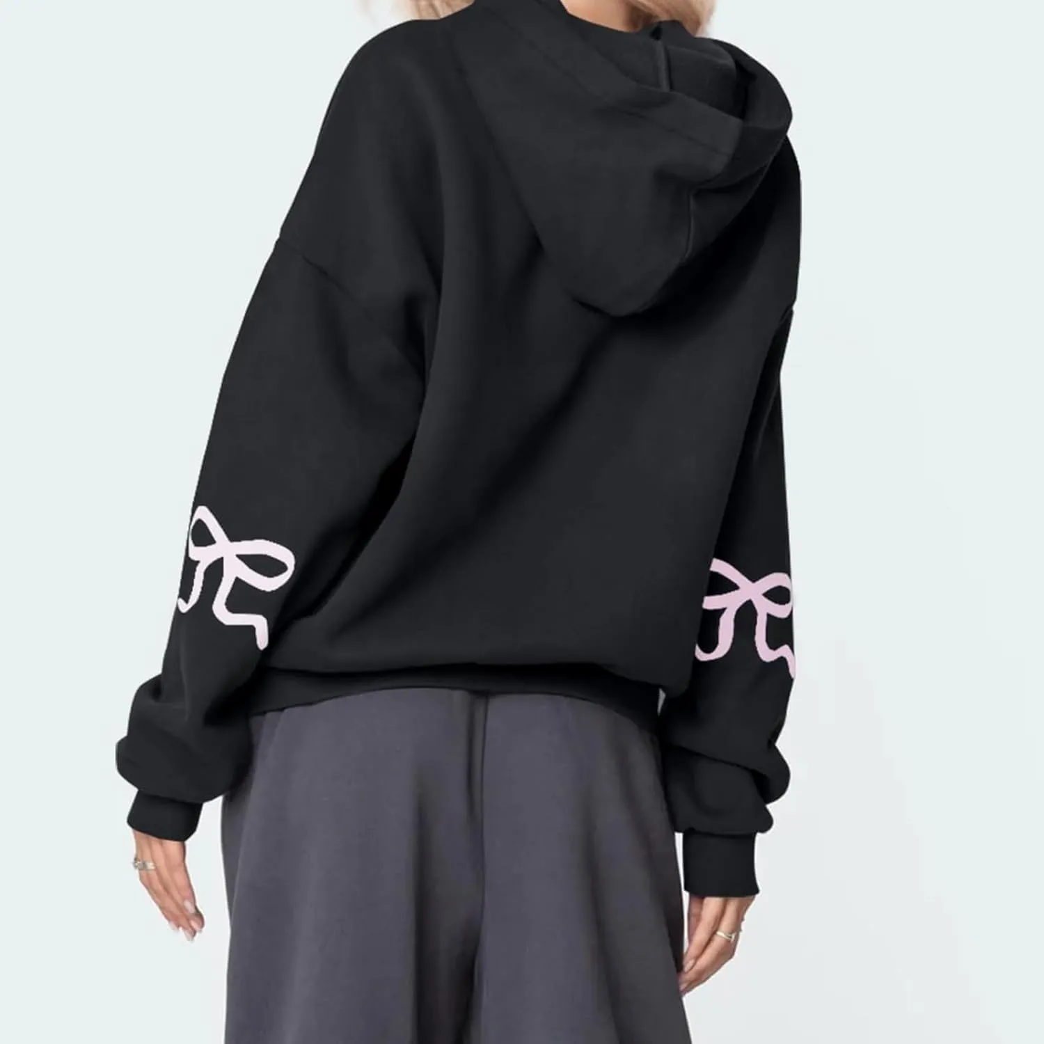XBTCLXEBCO Bow Print Hoodies for Women Oversized Long Sleeve Drop Shoulder Hooded Sweatshirt Y2K Aesthetic Pullover Tops