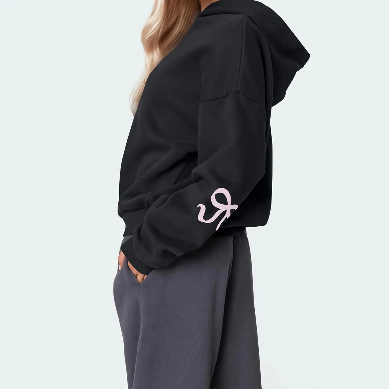 XBTCLXEBCO Bow Print Hoodies for Women Oversized Long Sleeve Drop Shoulder Hooded Sweatshirt Y2K Aesthetic Pullover Tops
