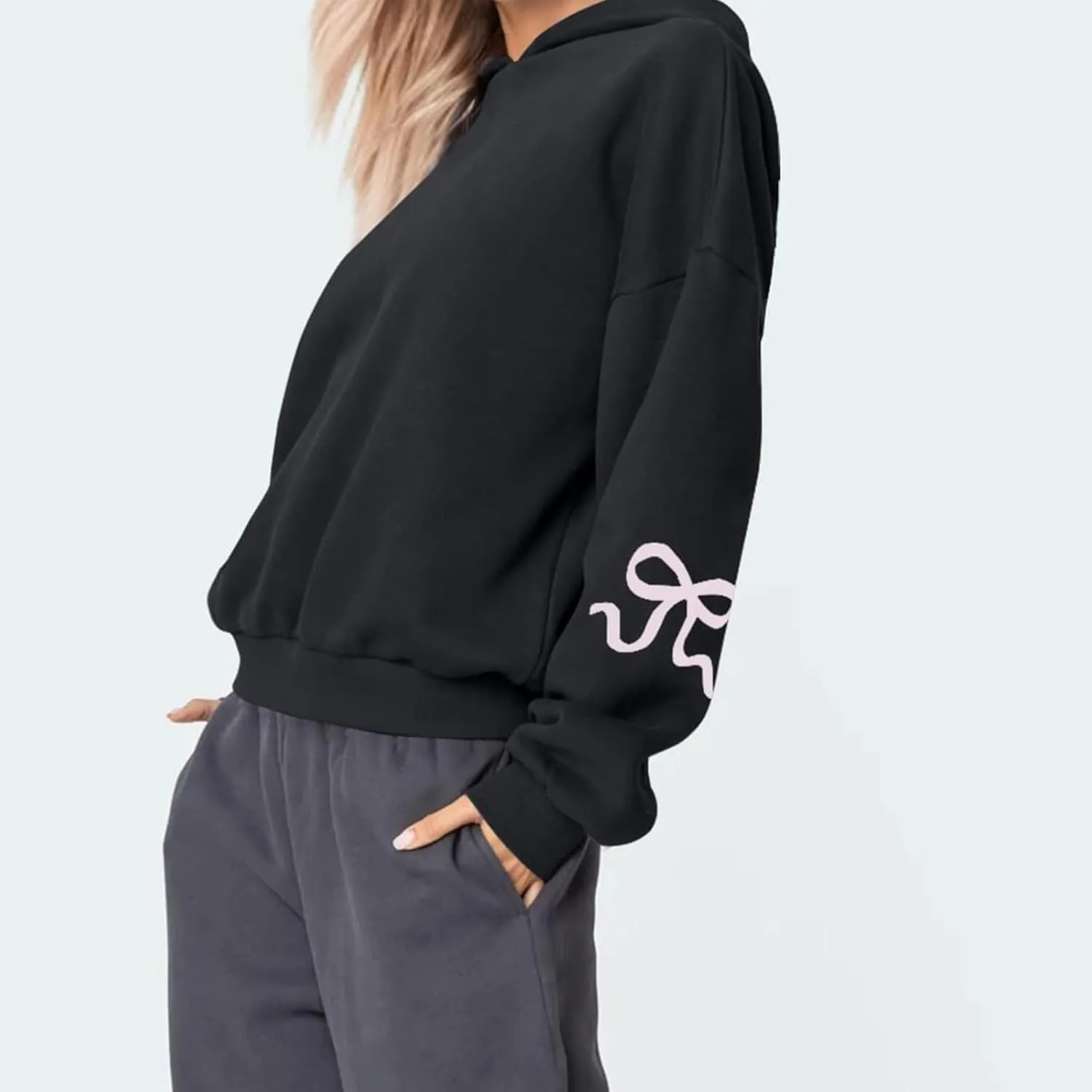 XBTCLXEBCO Bow Print Hoodies for Women Oversized Long Sleeve Drop Shoulder Hooded Sweatshirt Y2K Aesthetic Pullover Tops