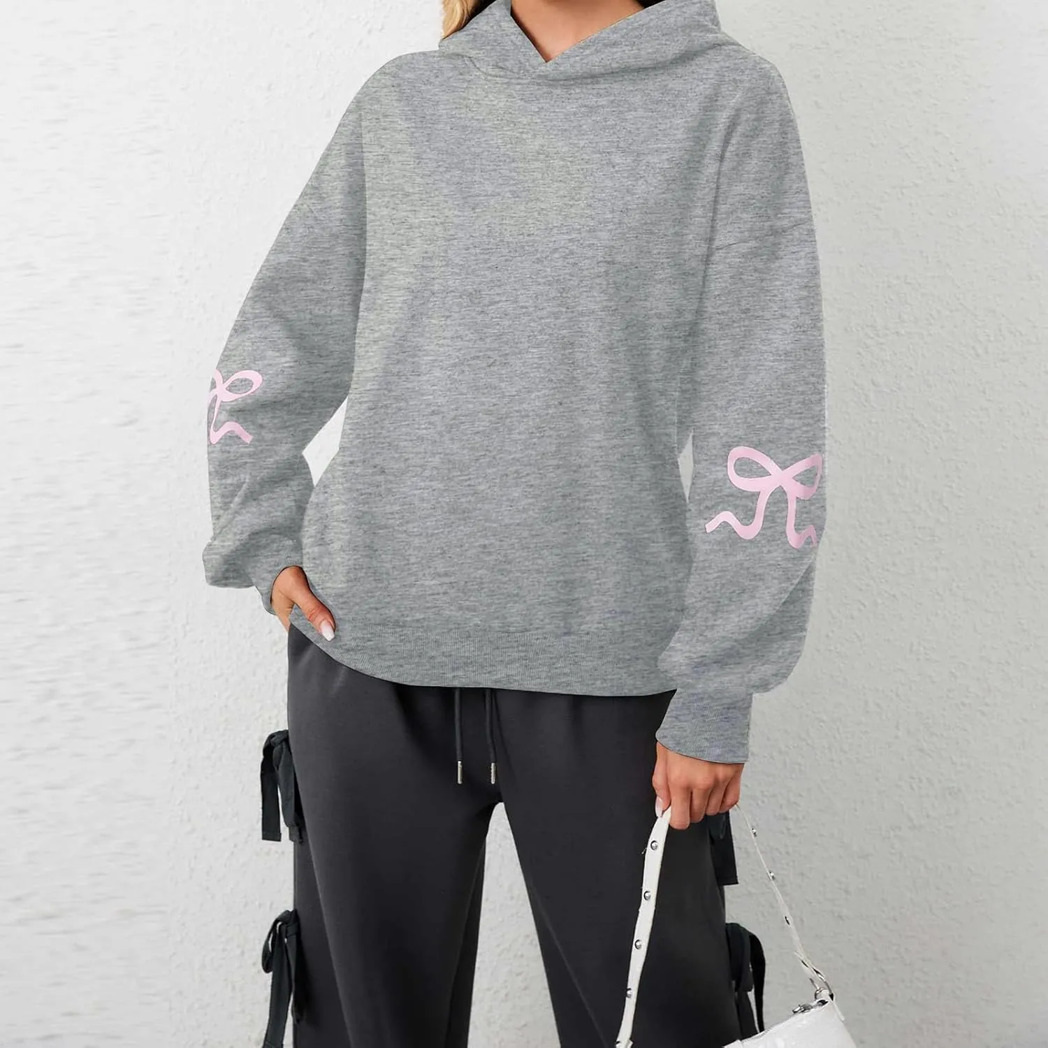 XBTCLXEBCO Bow Print Hoodies for Women Oversized Long Sleeve Drop Shoulder Hooded Sweatshirt Y2K Aesthetic Pullover Tops
