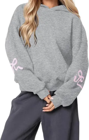 XBTCLXEBCO Bow Print Hoodies for Women Oversized Long Sleeve Drop Shoulder Hooded Sweatshirt Y2K Aesthetic Pullover Tops