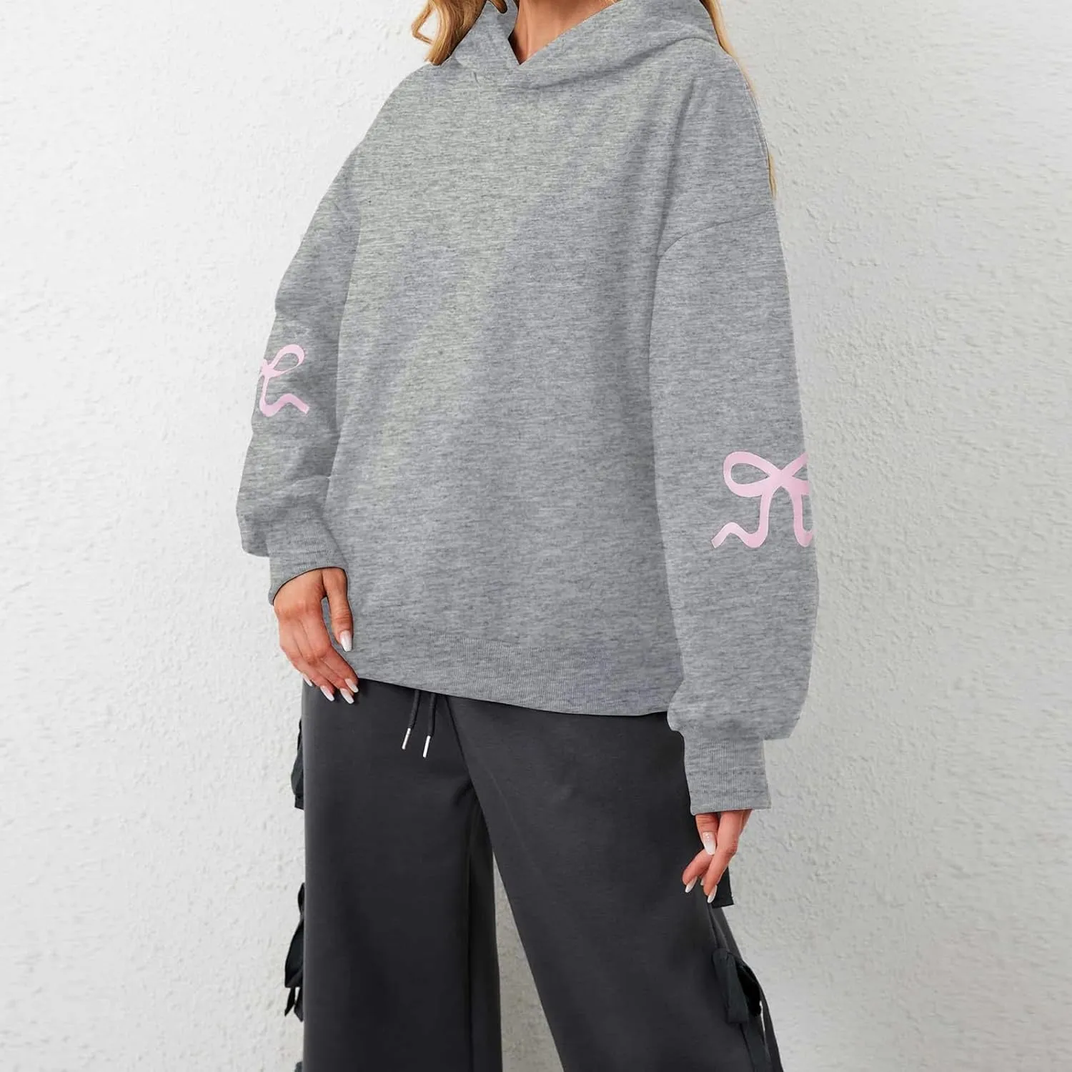 XBTCLXEBCO Bow Print Hoodies for Women Oversized Long Sleeve Drop Shoulder Hooded Sweatshirt Y2K Aesthetic Pullover Tops