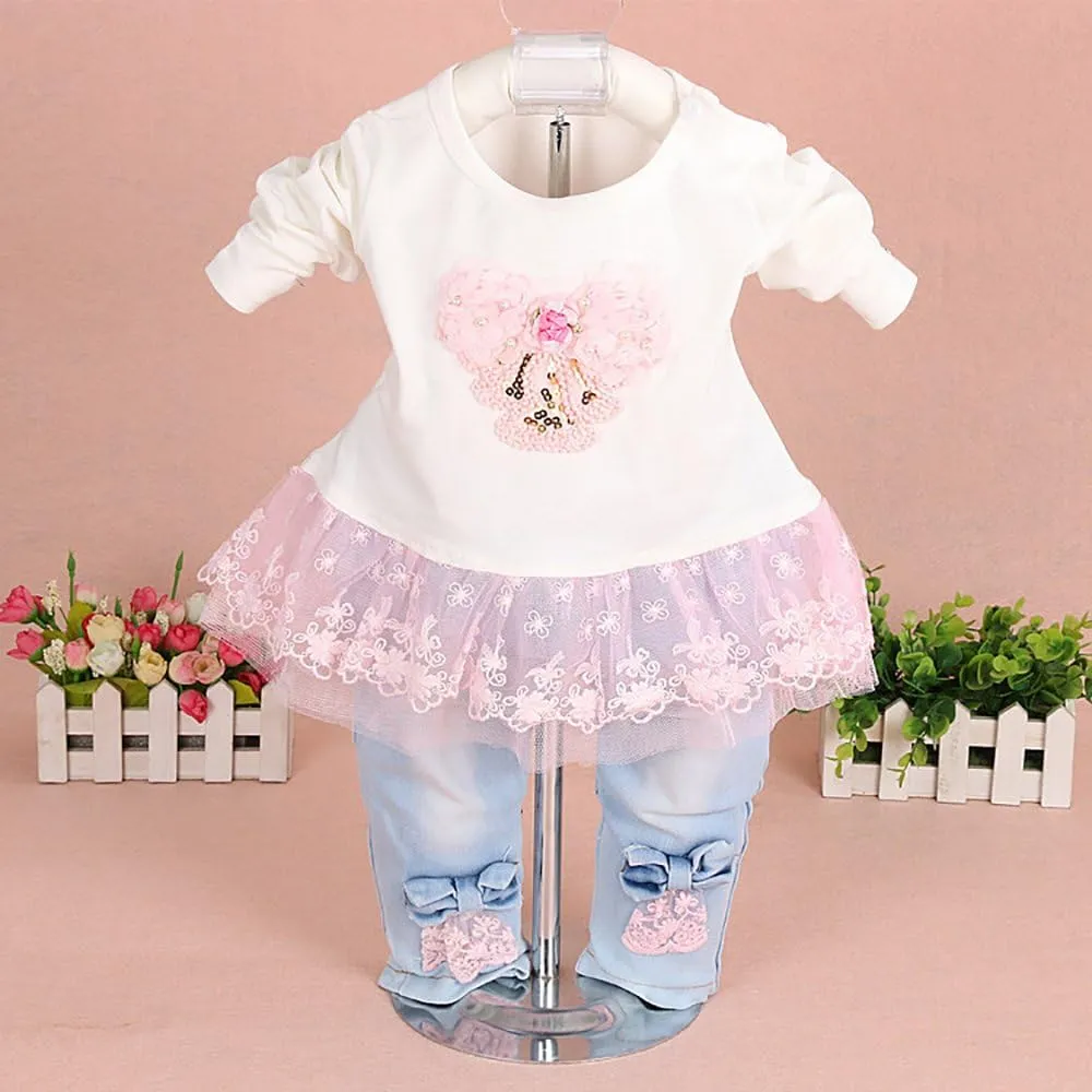 Yao Baby Girls Denim Clothing Sets 3 Pieces Sets T Shirt Denim Jacket and Jeans