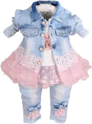 Yao Baby Girls Denim Clothing Sets 3 Pieces Sets T Shirt Denim Jacket and Jeans