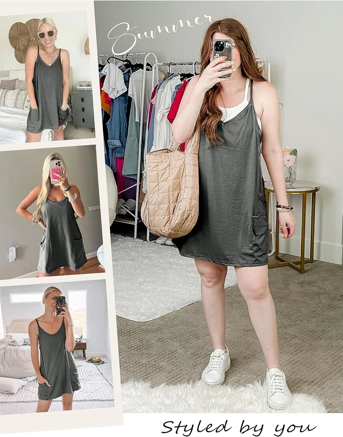 Yidarer Women's Summer Sleeveless Mini Dress V Neck Spaghetti Straps Athletic Shorts Dress with Pockets