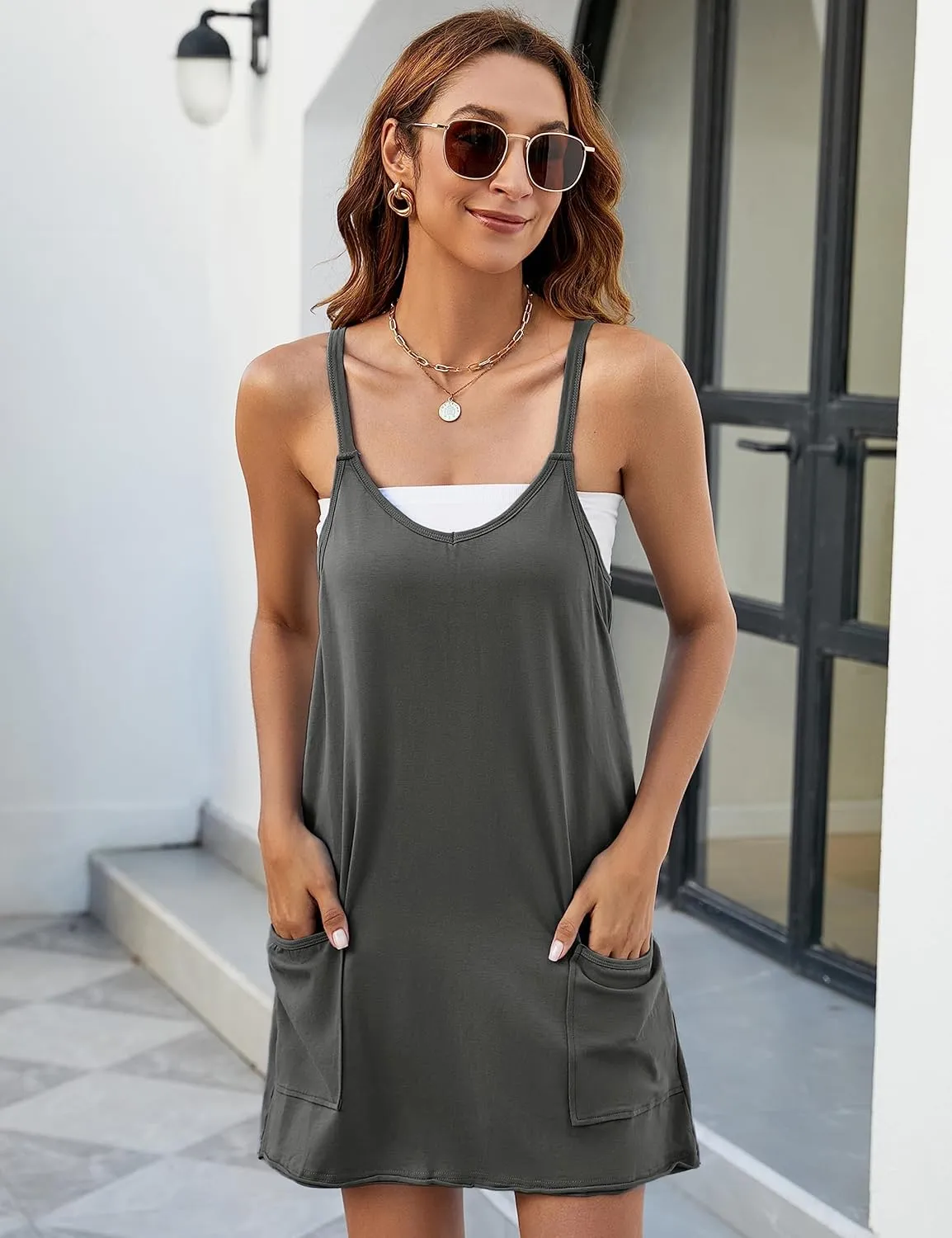 Yidarer Women's Summer Sleeveless Mini Dress V Neck Spaghetti Straps Athletic Shorts Dress with Pockets