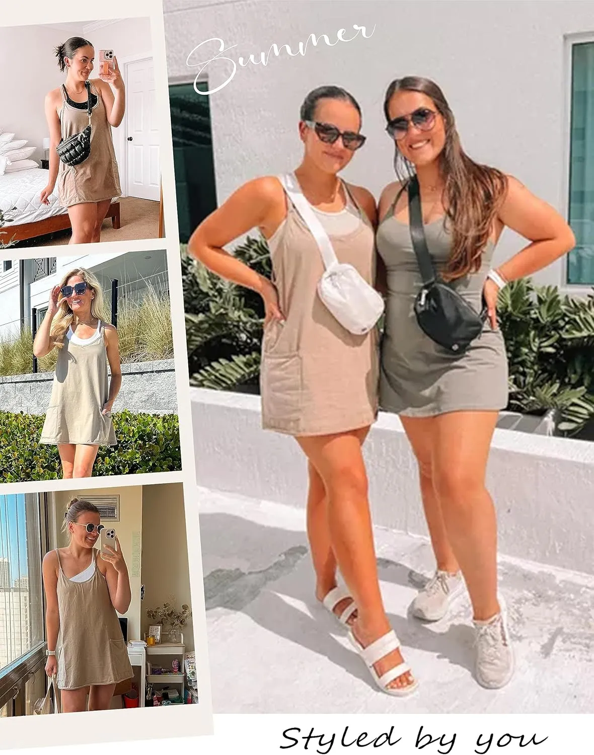 Yidarer Women's Summer Sleeveless Mini Dress V Neck Spaghetti Straps Athletic Shorts Dress with Pockets