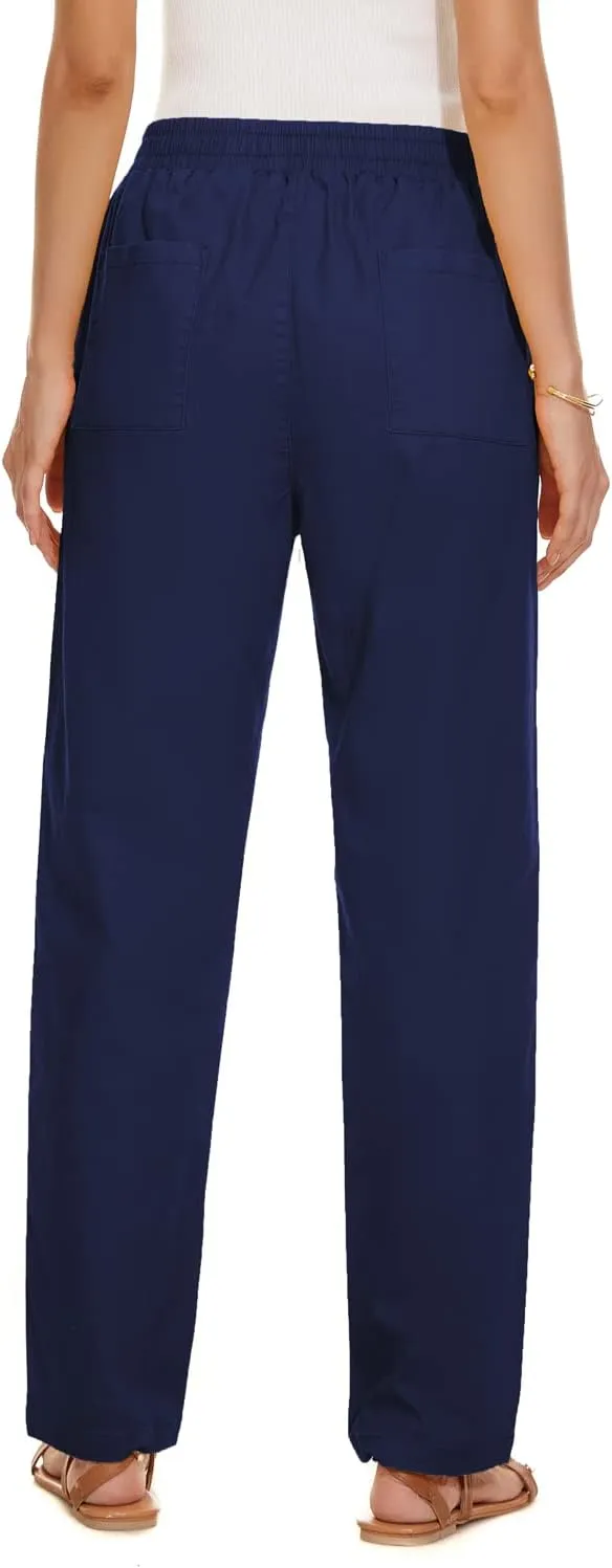 YOCUR Womens Casual Elastic High Waisted Work Pants Cotton Straight Leg Drawstring Trousers