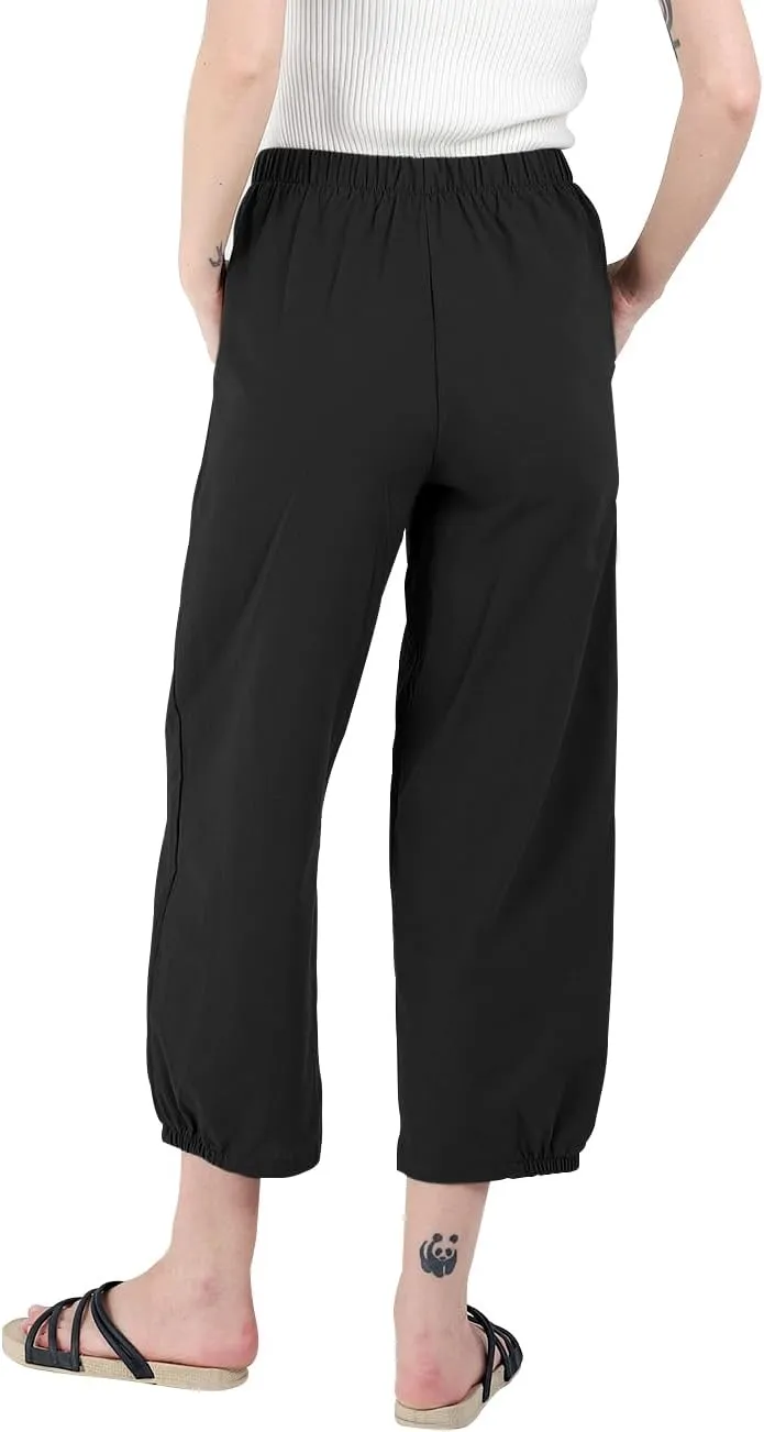 yoeasy Women's Linen Ankle Capris Trousers Loose Comfy Lounge Elastic Waist Pants with Pockets