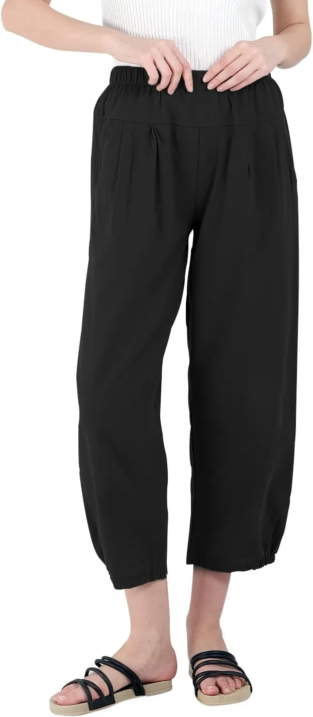 yoeasy Women's Linen Ankle Capris Trousers Loose Comfy Lounge Elastic Waist Pants with Pockets