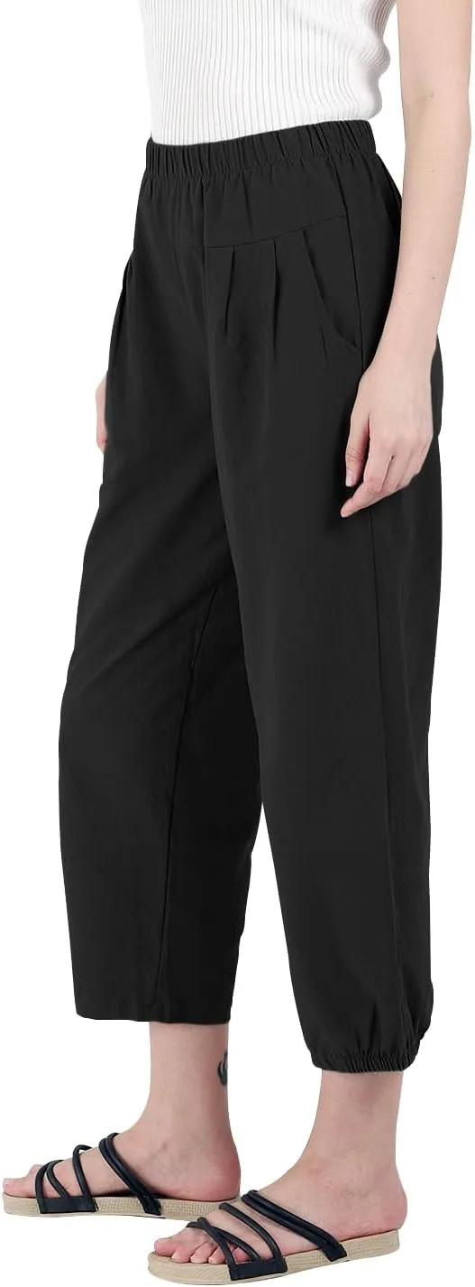 yoeasy Women's Linen Ankle Capris Trousers Loose Comfy Lounge Elastic Waist Pants with Pockets