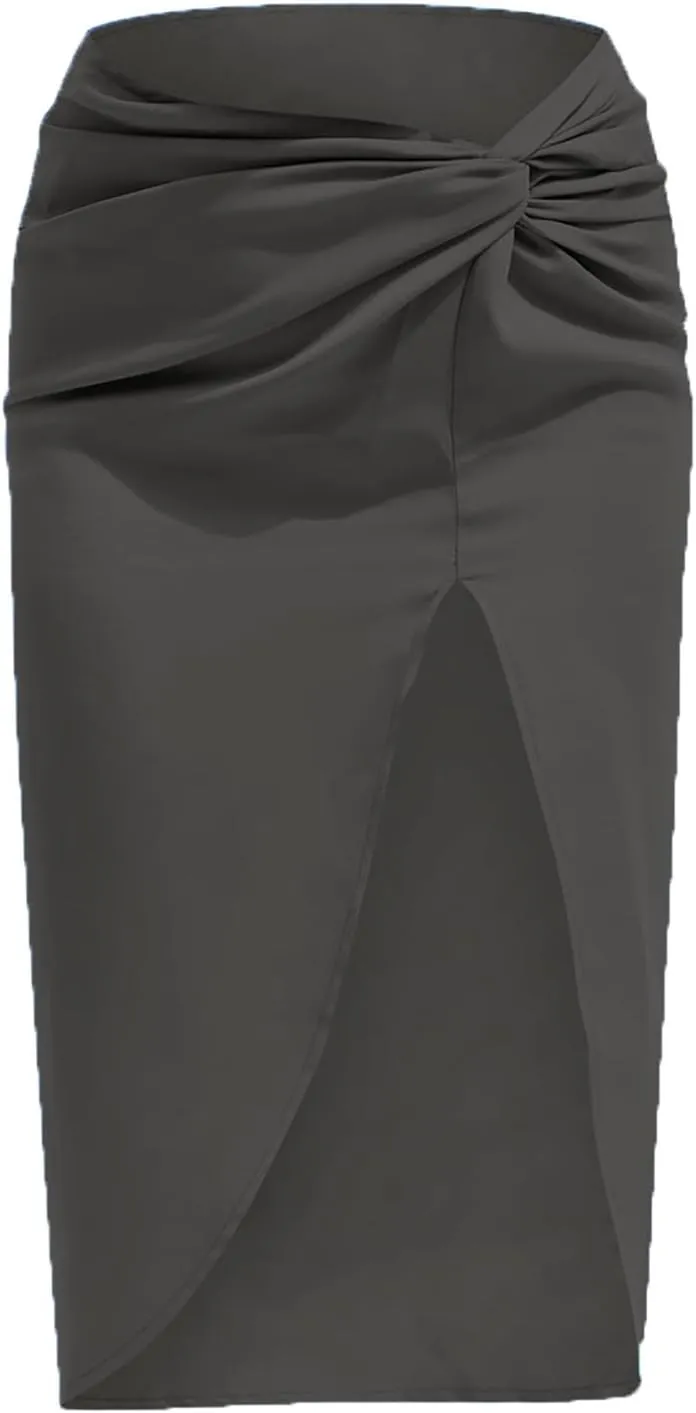 yoeasy Women's Pleated Asymmetrical Split Midi Satin Ruched Skirt High Waist Bodycon Midi Skirt