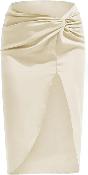 yoeasy Women's Pleated Asymmetrical Split Midi Satin Ruched Skirt High Waist Bodycon Midi Skirt
