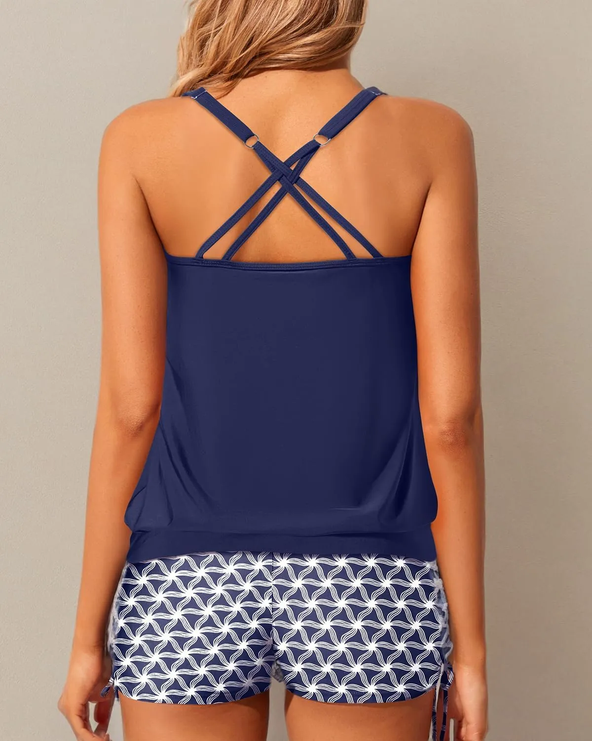 Yonique Womens Blouson Tankini Swimsuits Two Piece Strappy Bathing Suit Tops with Shorts Criss Cross Swimwear
