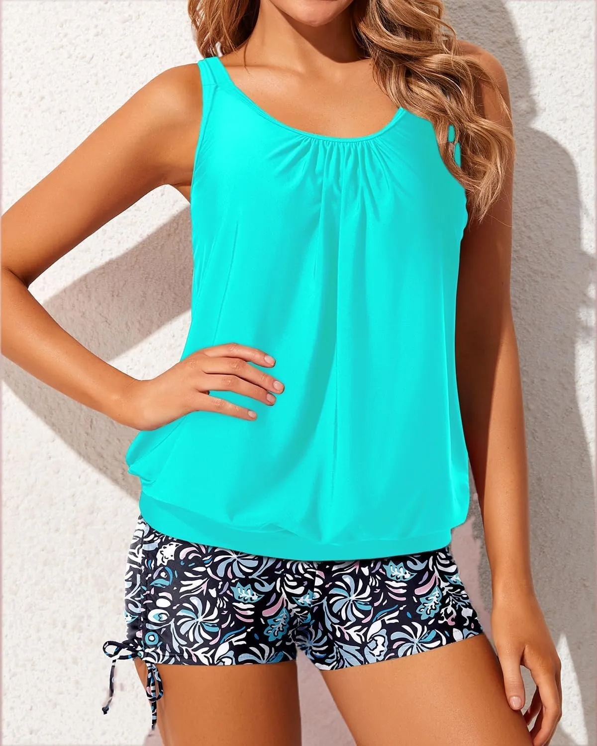 Yonique Womens Blouson Tankini Swimsuits Two Piece Strappy Bathing Suit Tops with Shorts Criss Cross Swimwear
