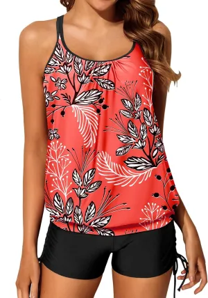 Yonique Womens Blouson Tankini Swimsuits Two Piece Strappy Bathing Suit Tops with Shorts Criss Cross Swimwear