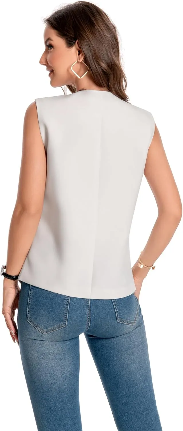 YYNUDA Women's Vest One Front Solid V Neck Casual Lightweight Sleeveless Blazer Waistcoat with Pockets
