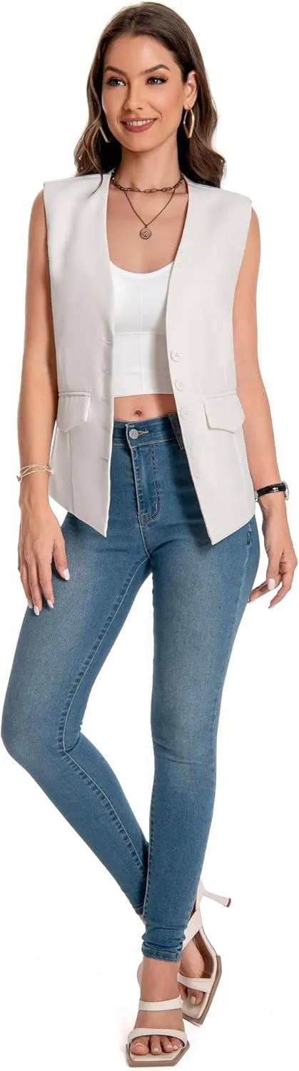YYNUDA Women's Vest One Front Solid V Neck Casual Lightweight Sleeveless Blazer Waistcoat with Pockets
