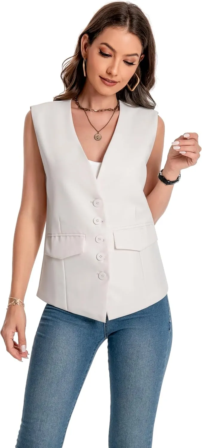 YYNUDA Women's Vest One Front Solid V Neck Casual Lightweight Sleeveless Blazer Waistcoat with Pockets