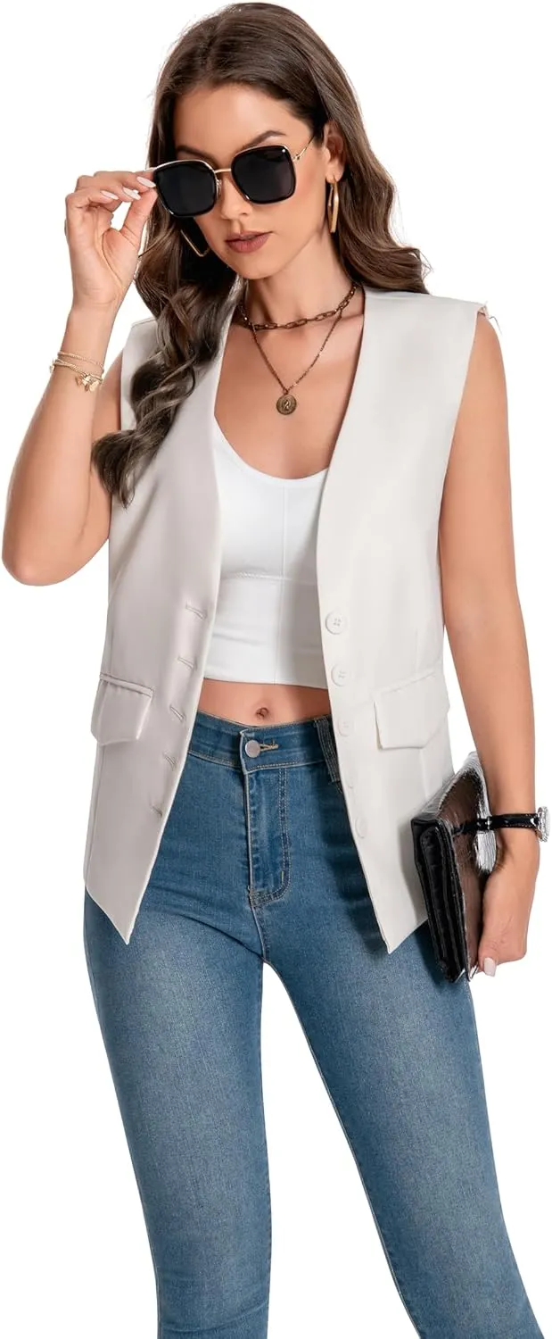 YYNUDA Women's Vest One Front Solid V Neck Casual Lightweight Sleeveless Blazer Waistcoat with Pockets