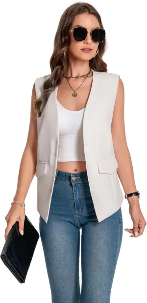 YYNUDA Women's Vest One Front Solid V Neck Casual Lightweight Sleeveless Blazer Waistcoat with Pockets