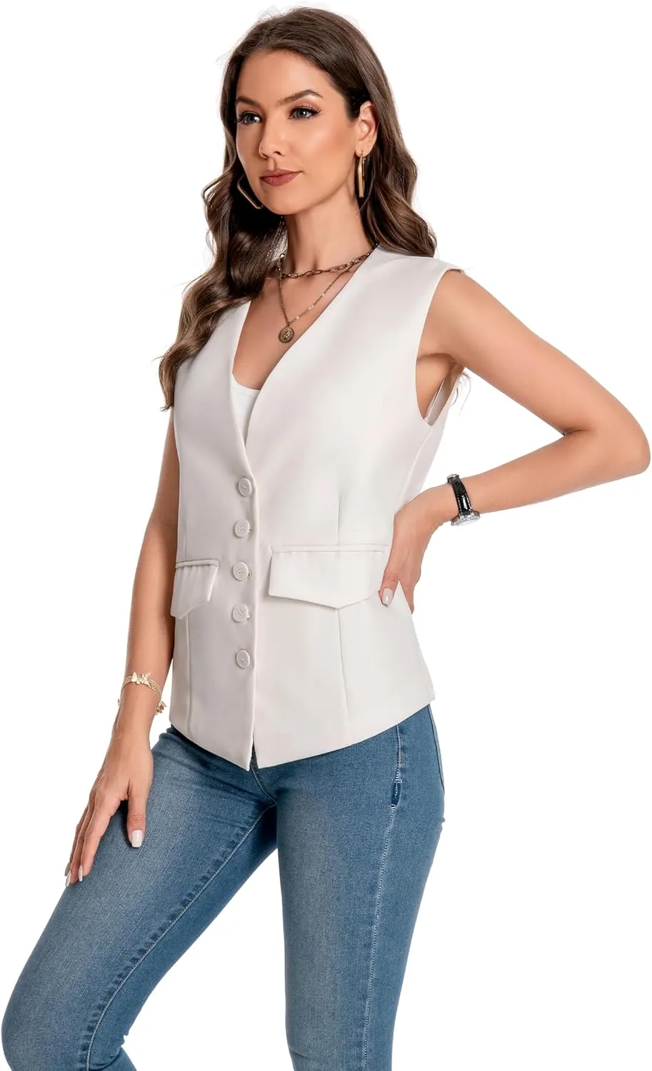 YYNUDA Women's Vest One Front Solid V Neck Casual Lightweight Sleeveless Blazer Waistcoat with Pockets