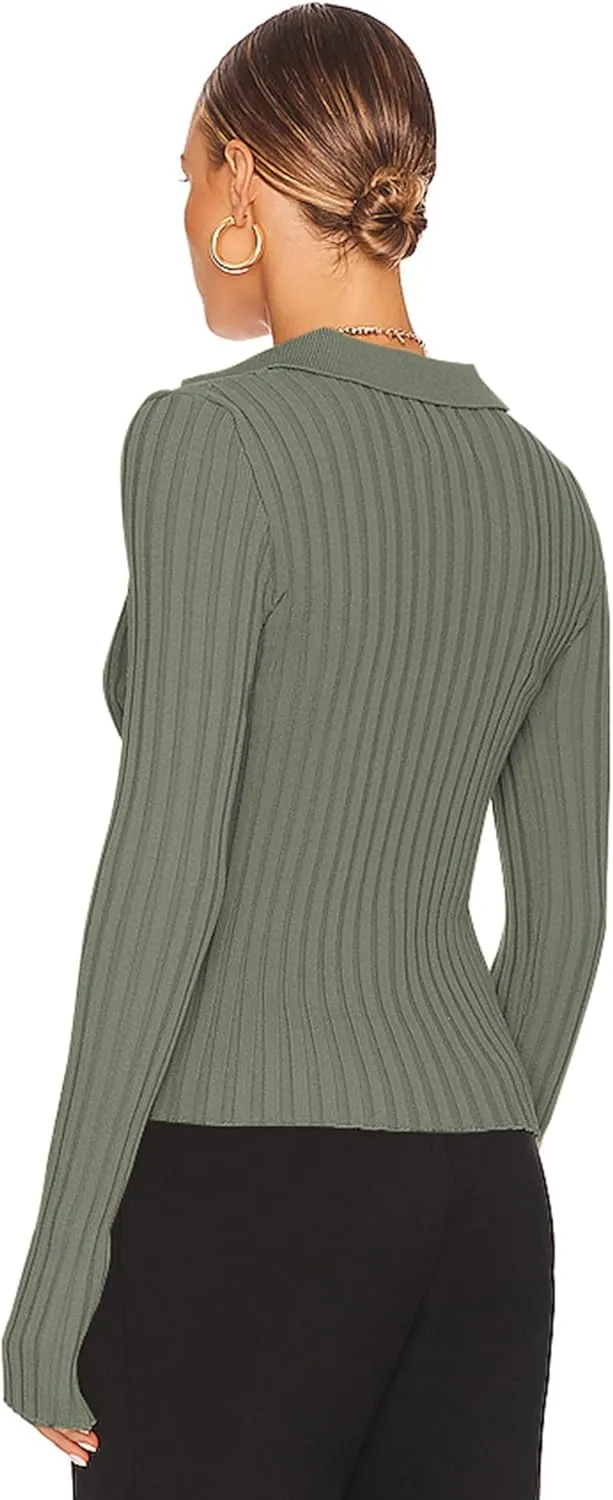ZAFUL Women's V Neck Button Down Ribbed Sweater Cardigan Long Sleeve Polo Collar Slim Knitted Pullover