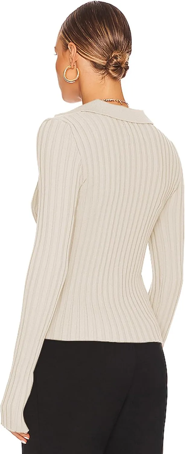 ZAFUL Women's V Neck Button Down Ribbed Sweater Cardigan Long Sleeve Polo Collar Slim Knitted Pullover