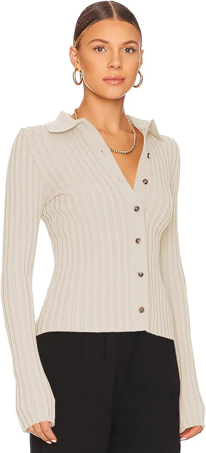 ZAFUL Women's V Neck Button Down Ribbed Sweater Cardigan Long Sleeve Polo Collar Slim Knitted Pullover